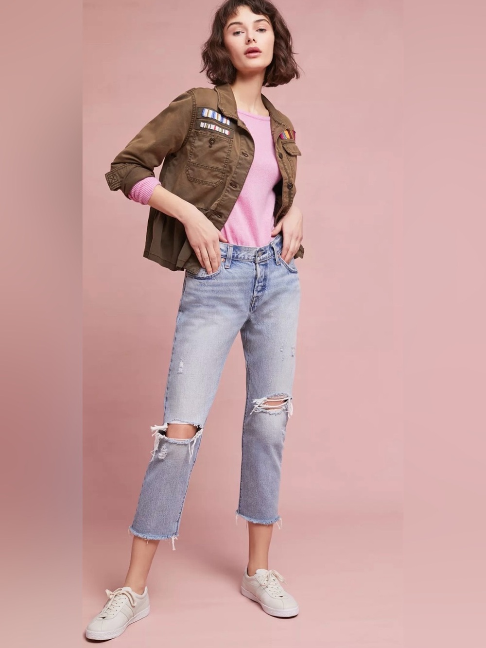 Anthropologie Olive Utility Peplum Jacket with Colorful Embroidered Tabs